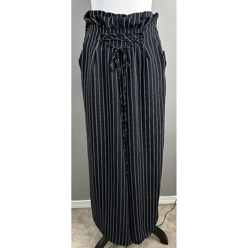 Forever 21 High Rise Tie Palazzo Pants Sz S Blue White Wide Leg Pinstripe 26X27